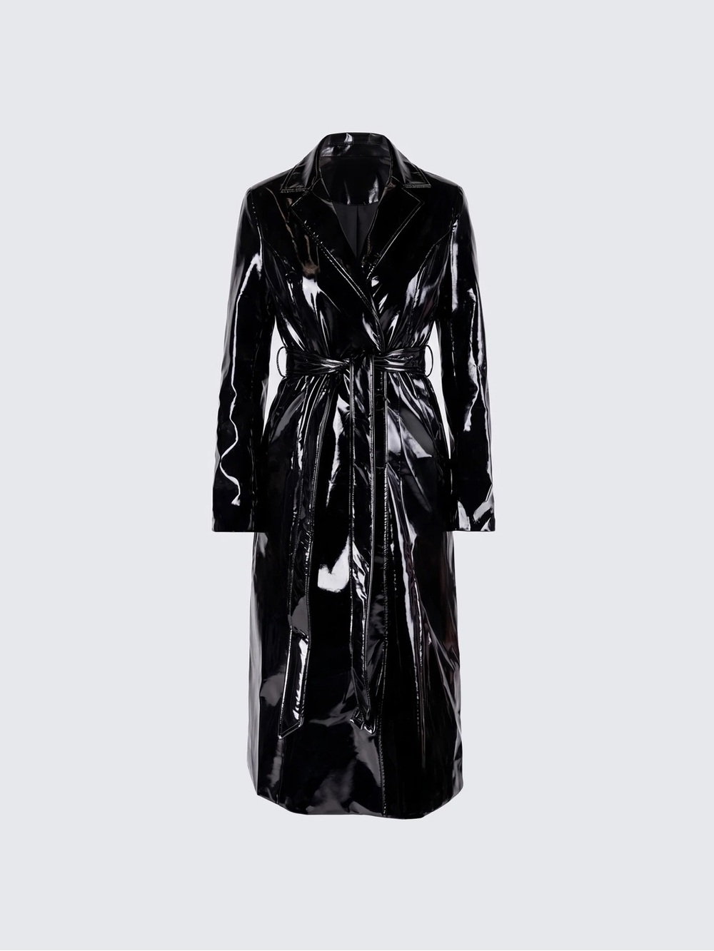 Black VEGAN LEATHER Trench Coat - Women's Stylish Long Coat Size L - Picture 2 of 4